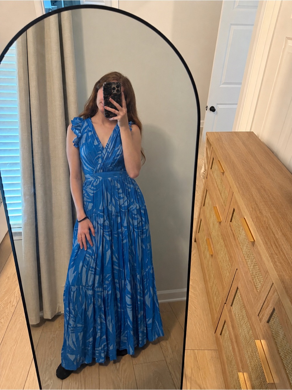 Versona Blue Patterned V-Neck Ruffle Sleeve Maxi Dress